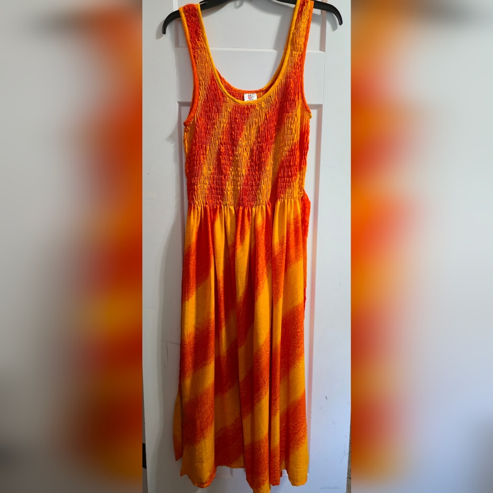 Sleeveless Orange & Yellow Midi Dress with Shirred Bodice